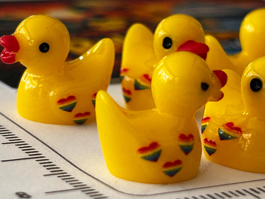 Set of 6, Rainbow Hearts Themed Mini Resin Ducks, Magnetic or Non-Magnetic, Optional Personalized Duck Hiding Tags