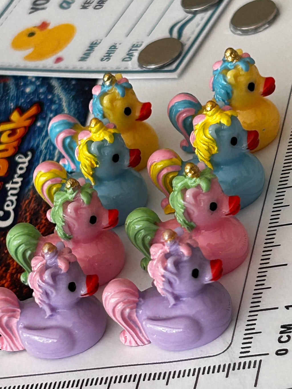 Set of 8, Colorful Unicorn Themed Mini Resin Ducks, Magnetic or Non-Magnetic, Optional Personalized Duck Hiding Tags