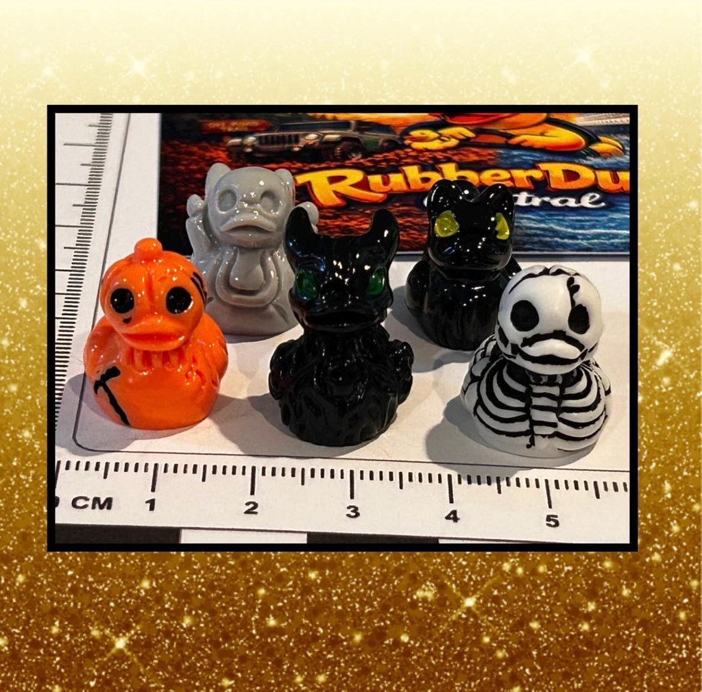 Set of 5, Spooky Halloween (Set 1) Themed Mini Resin Ducks, Magnetic or Non-Magnetic, Optional Personalized Duck Hiding Tags