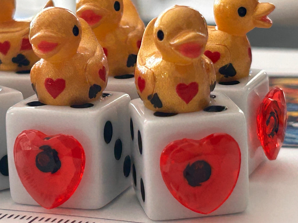 Set of 6 Gold Casino Mini Resin Ducks on White Dice with Red Hearts – Handmade Decorative Duck Collectibles – Casino Decor