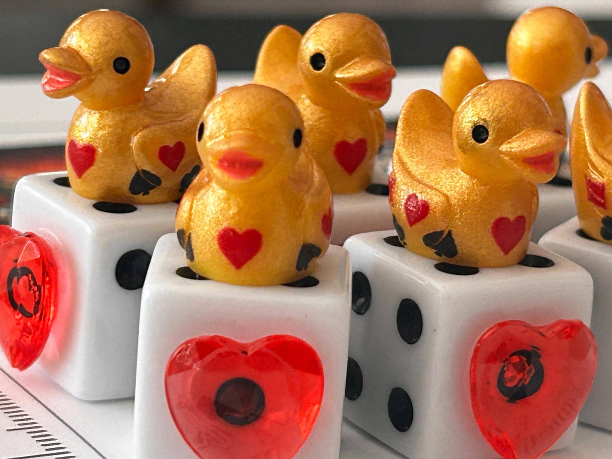 Set of 6 Gold Casino Mini Resin Ducks on White Dice with Red Hearts – Handmade Decorative Duck Collectibles – Casino Decor