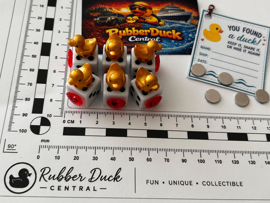 Set of 6 Gold Casino Mini Resin Ducks on White Dice with Red Hearts – Handmade Decorative Duck Collectibles – Casino Decor