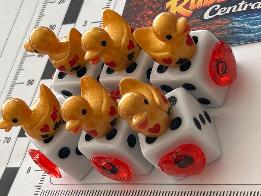Set of 6 Gold Casino Mini Resin Ducks on White Dice with Red Hearts – Handmade Decorative Duck Collectibles – Casino Decor