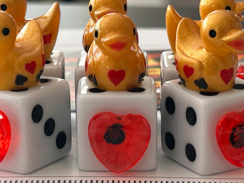Set of 6 Gold Casino Mini Resin Ducks on White Dice with Red Hearts – Handmade Decorative Duck Collectibles – Casino Decor