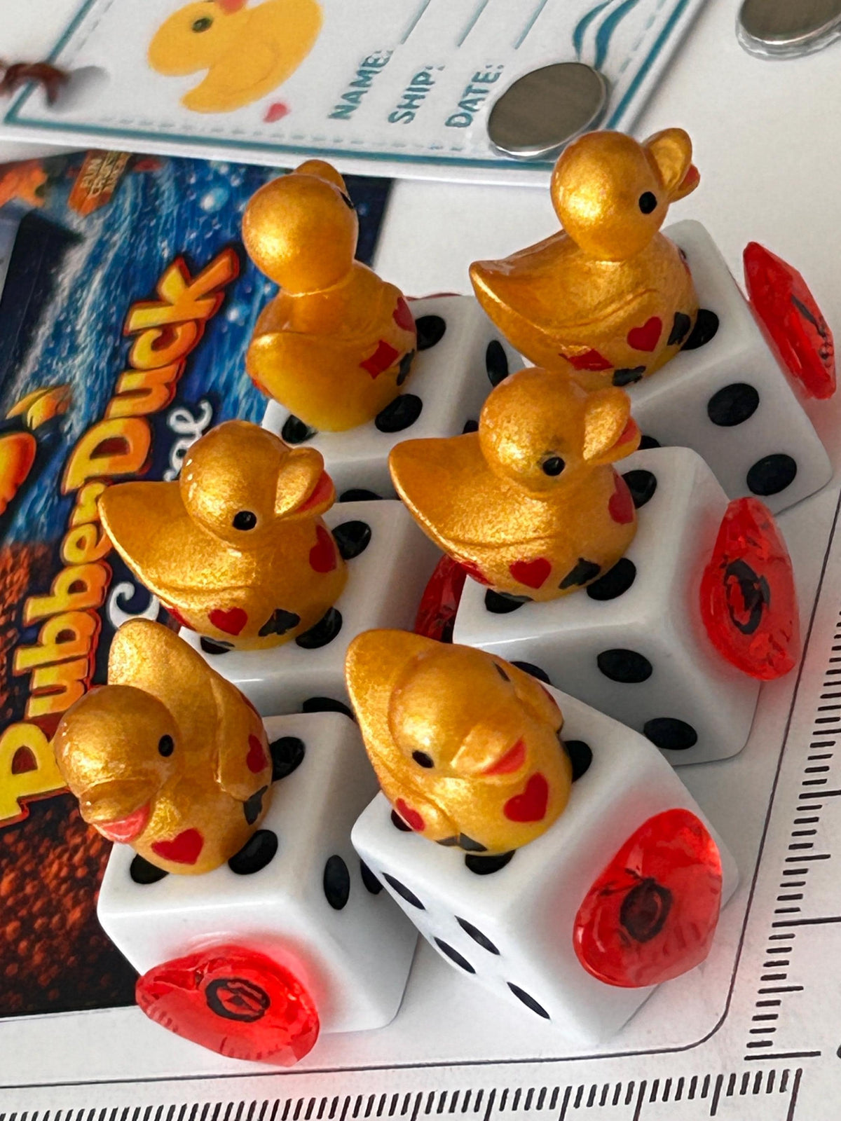 Set of 6 Gold Casino Mini Resin Ducks on White Dice with Red Hearts – Handmade Decorative Duck Collectibles – Casino Decor