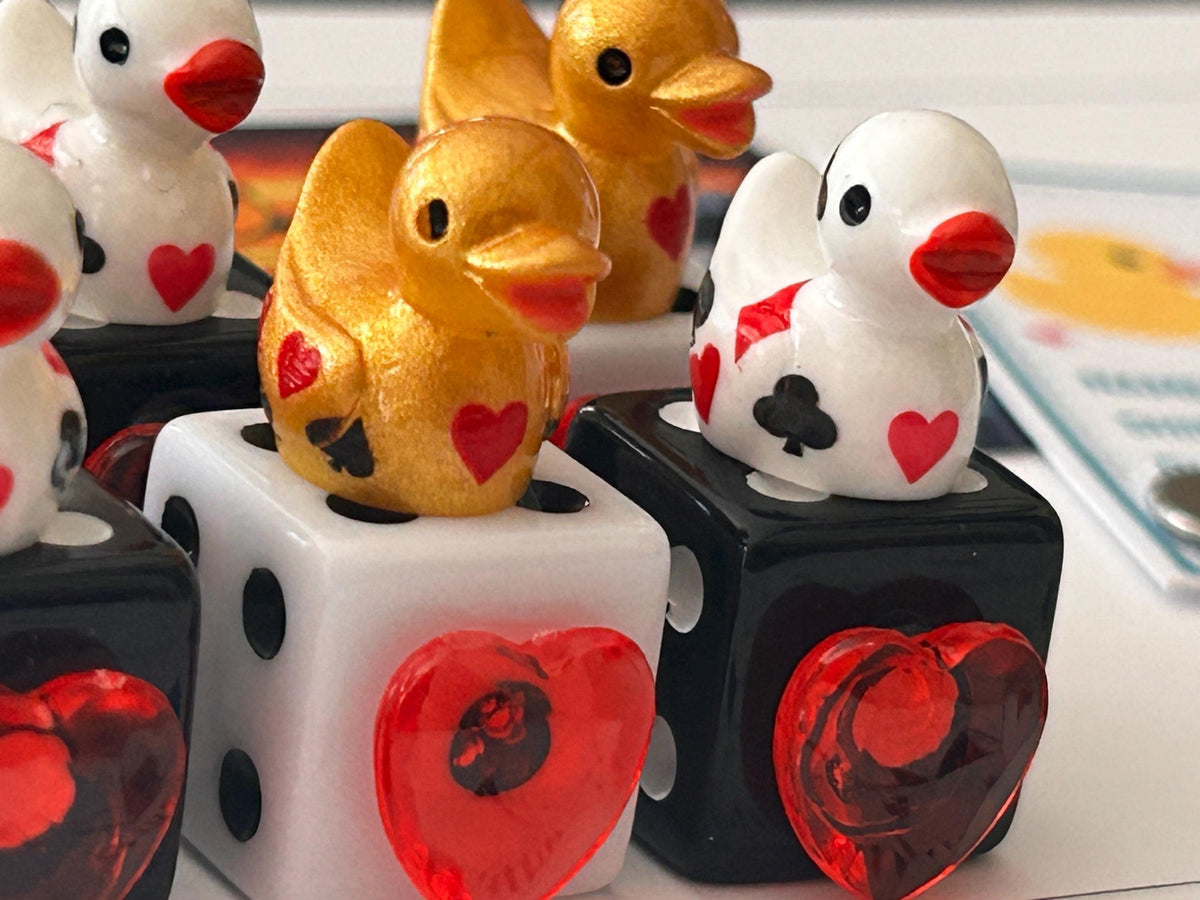 Set of 6 Mixed Casino Mini Resin Ducks on Mixed Dice with Red Hearts – Handmade Decorative Duck Collectibles – Casino Decor