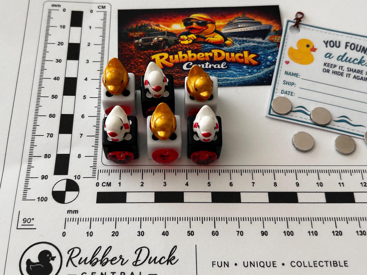Set of 6 Mixed Casino Mini Resin Ducks on Mixed Dice with Red Hearts – Handmade Decorative Duck Collectibles – Casino Decor