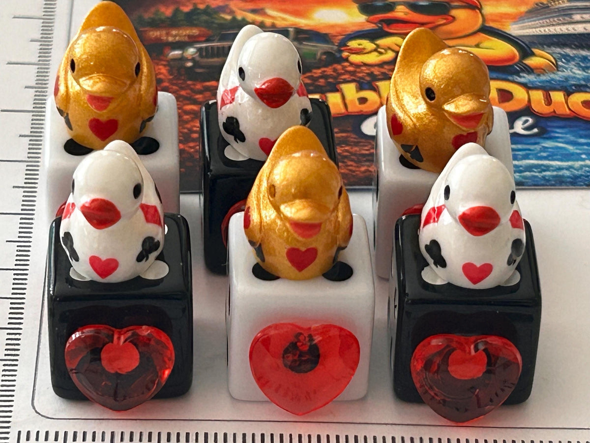 Set of 6 Mixed Casino Mini Resin Ducks on Mixed Dice with Red Hearts – Handmade Decorative Duck Collectibles – Casino Decor