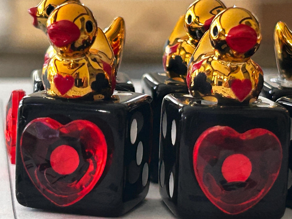 Set of 6 Gold Casino Mini Resin Ducks on Black Dice with Red Hearts – Handmade Decorative Duck Collectibles – Casino Decor