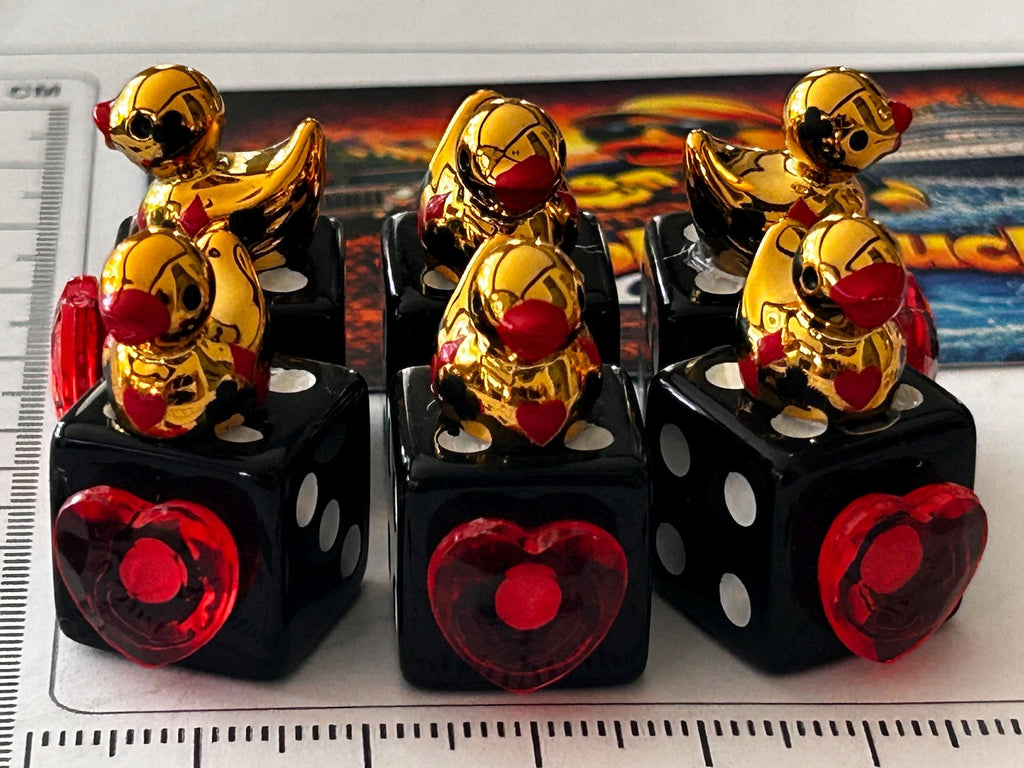 Set of 6 Gold Casino Mini Resin Ducks on Black Dice with Red Hearts – Handmade Decorative Duck Collectibles – Casino Decor