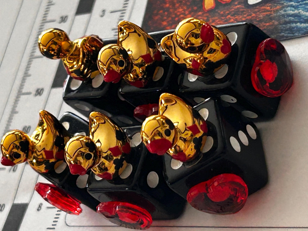 Set of 6 Gold Casino Mini Resin Ducks on Black Dice with Red Hearts – Handmade Decorative Duck Collectibles – Casino Decor