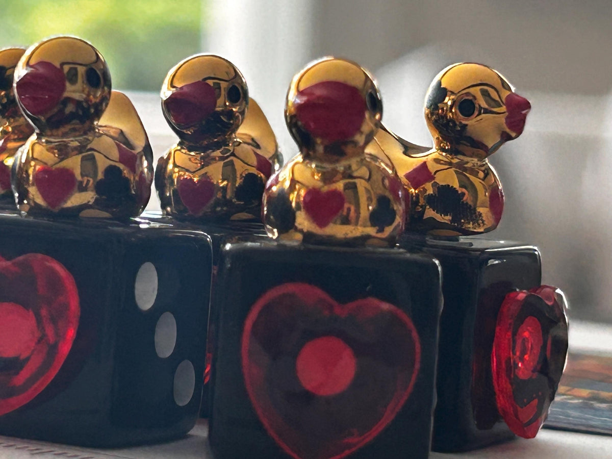 Set of 6 Gold Casino Mini Resin Ducks on Black Dice with Red Hearts – Handmade Decorative Duck Collectibles – Casino Decor