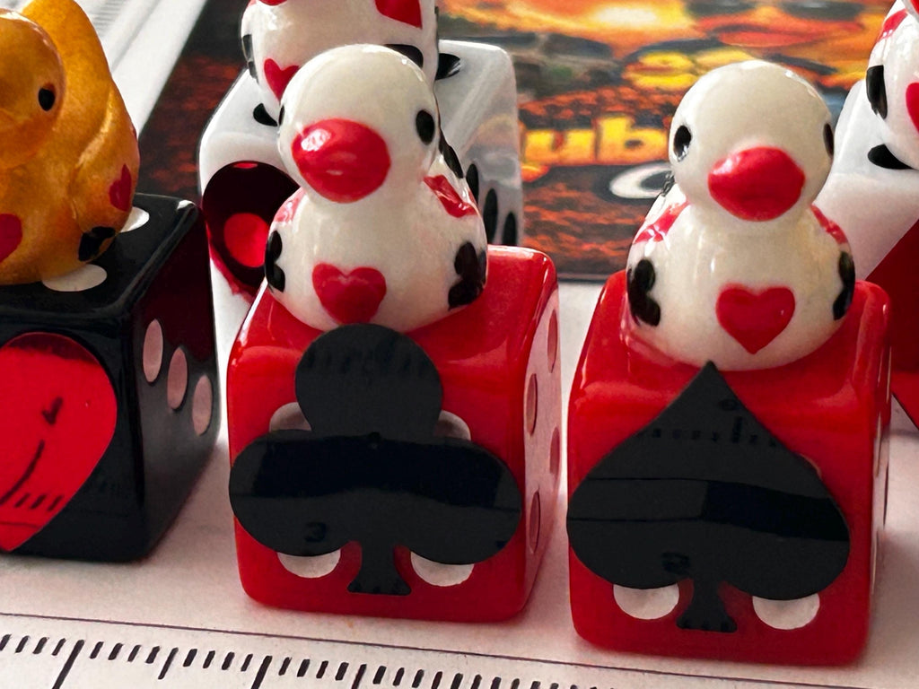 6 Piece Casino Dice & Mini Resin Duck Set – Red Black White Playing Card Suit Dice – Handmade Casino Decor – Duck Collectible Gift
