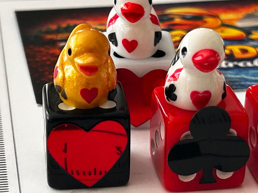 6 Piece Casino Dice & Mini Resin Duck Set – Red Black White Playing Card Suit Dice – Handmade Casino Decor – Duck Collectible Gift
