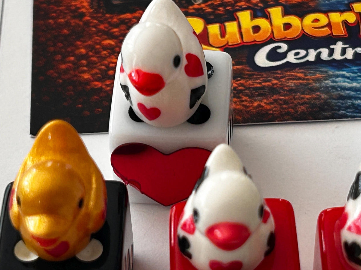6 Piece Casino Dice & Mini Resin Duck Set – Red Black White Playing Card Suit Dice – Handmade Casino Decor – Duck Collectible Gift
