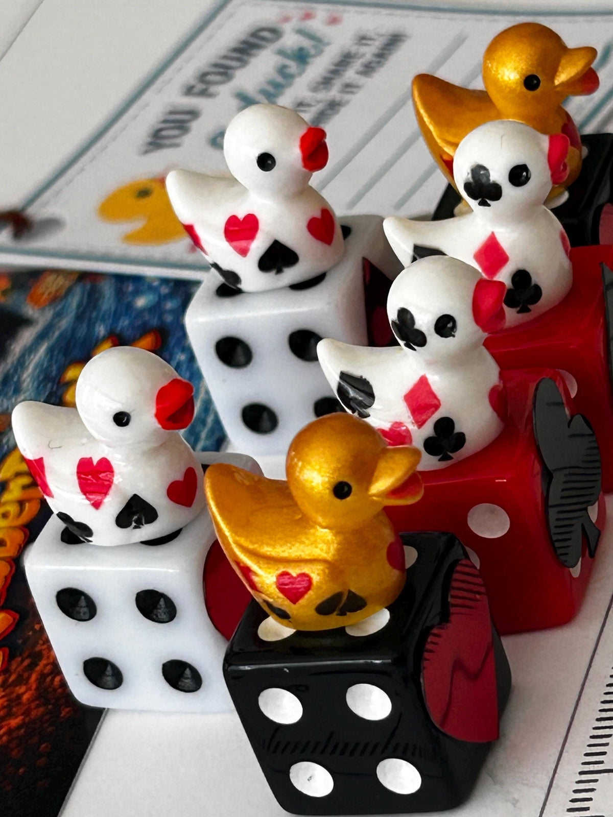 6 Piece Casino Dice & Mini Resin Duck Set – Red Black White Playing Card Suit Dice – Handmade Casino Decor – Duck Collectible Gift