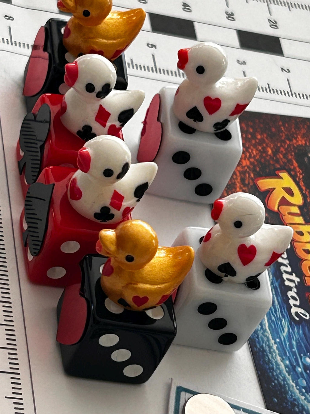 6 Piece Casino Dice & Mini Resin Duck Set – Red Black White Playing Card Suit Dice – Handmade Casino Decor – Duck Collectible Gift