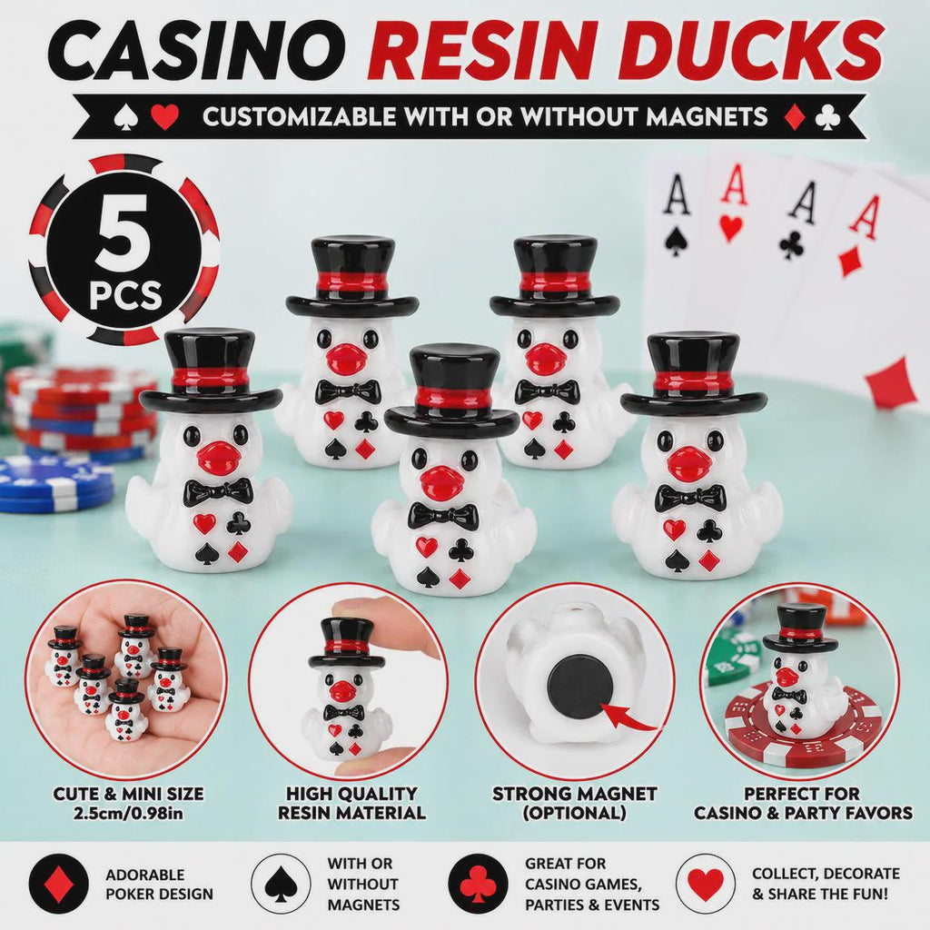 Set of 5, Casino Themed Mini Resin Ducks, Magnetic or Non-Magnetic, Optional Personalized Duck Hiding Tags