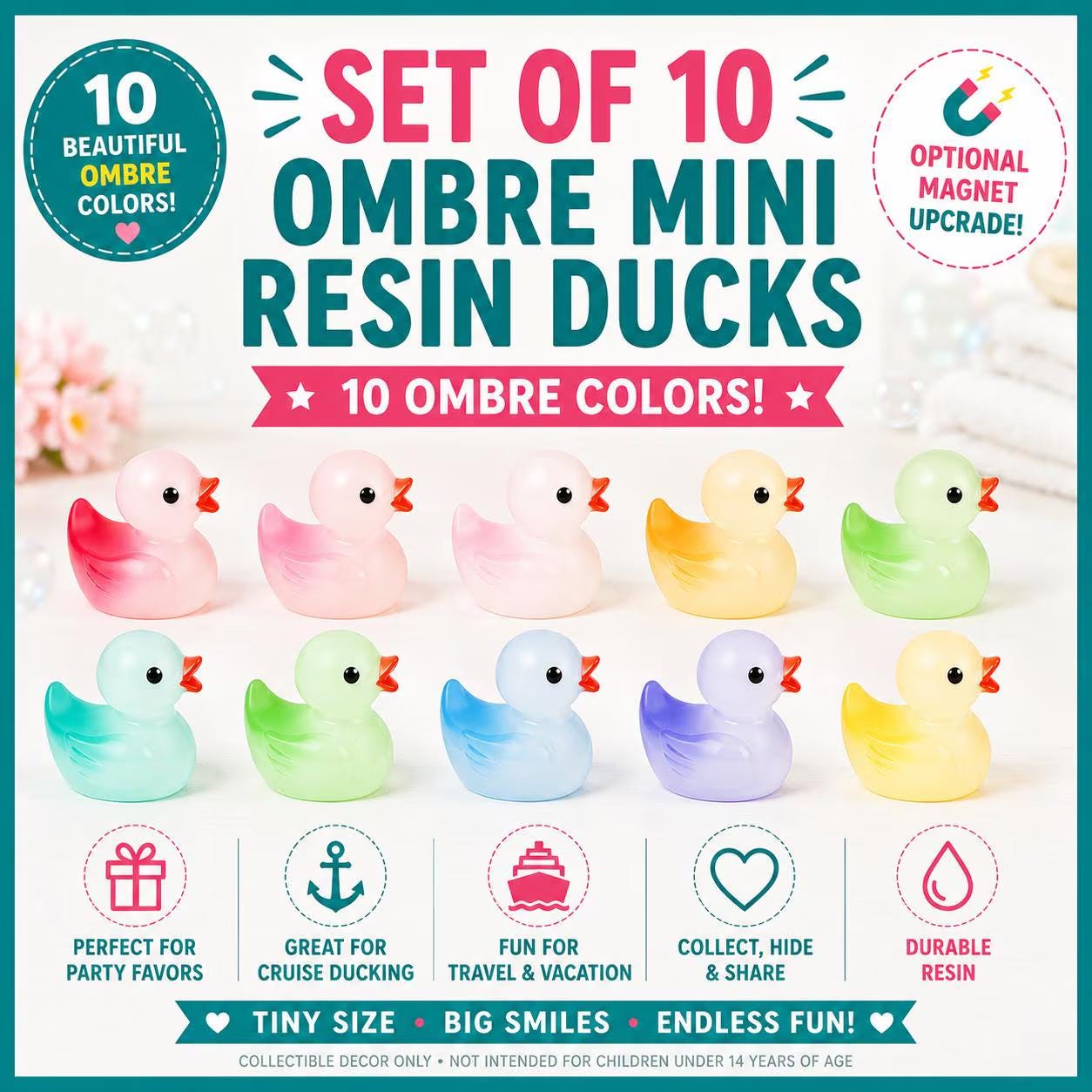 Set of 10, Ombre Themed Mini Resin Ducks, Magnetic or Non-Magnetic, Optional Personalized Duck Hiding Tags