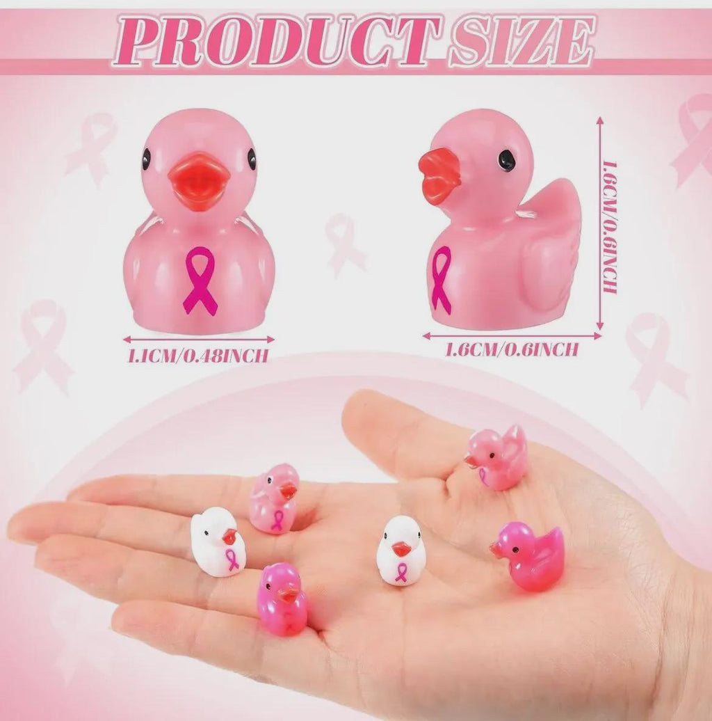 Set of 6, Pink Ribbon Cancer Awareness Themed Mini Resin Ducks, Magnetic or Non-Magnetic, Optional Personalized Duck Hiding Tags