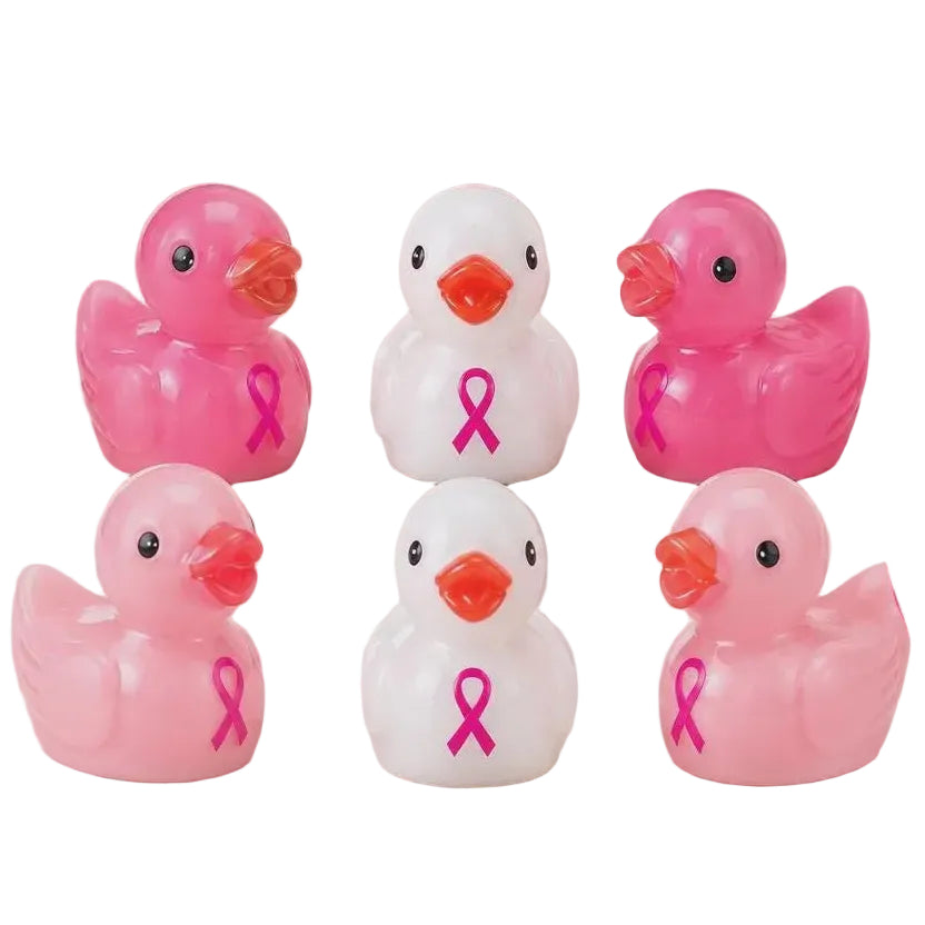 Set of 6, Pink Ribbon Cancer Awareness Themed Mini Resin Ducks, Magnetic or Non-Magnetic, Optional Personalized Duck Hiding Tags