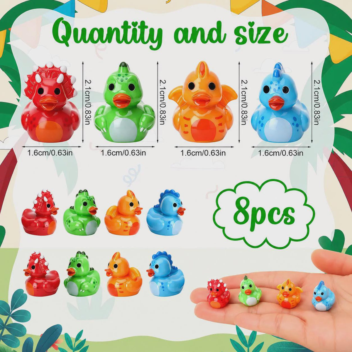 Set of 8, Dinosaur Themed Mini Resin Ducks, Magnetic or Non-Magnetic, Optional Personalized Duck Hiding Tags