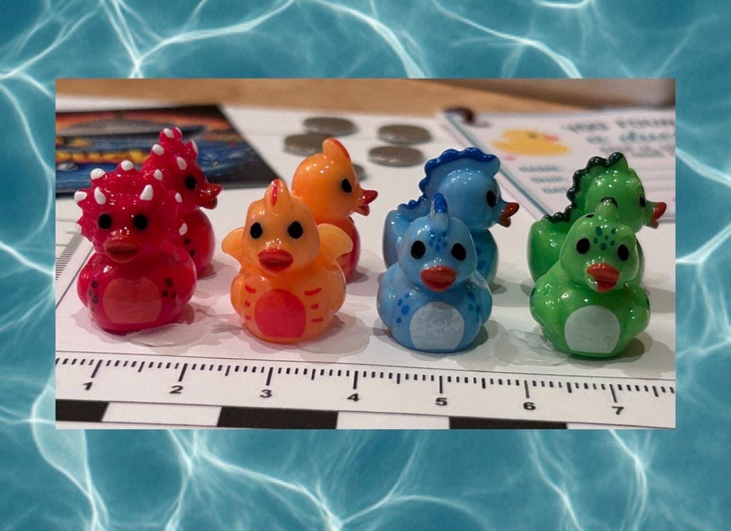 Set of 8, Dinosaur Themed Mini Resin Ducks, Magnetic or Non-Magnetic, Optional Personalized Duck Hiding Tags