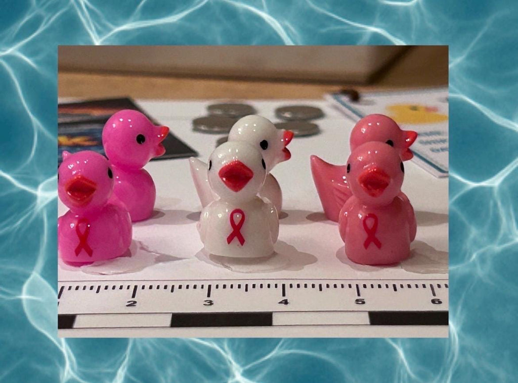 Set of 6, Pink Ribbon Cancer Awareness Themed Mini Resin Ducks, Magnetic or Non-Magnetic, Optional Personalized Duck Hiding Tags