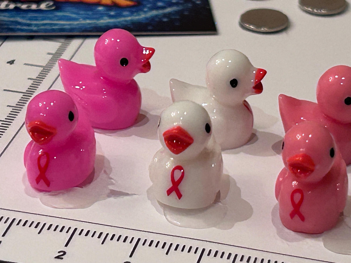 Set of 6, Pink Ribbon Cancer Awareness Themed Mini Resin Ducks, Magnetic or Non-Magnetic, Optional Personalized Duck Hiding Tags
