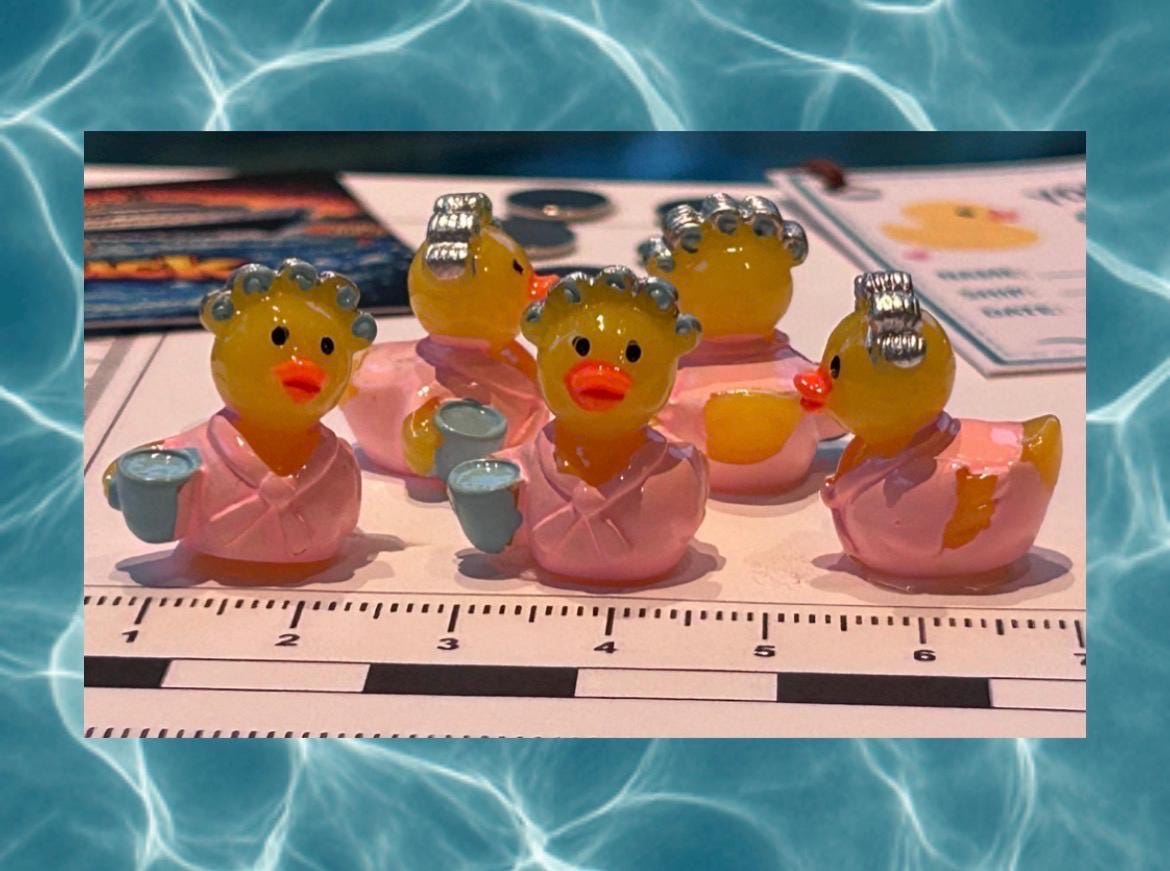 Set of 5, Robe Curlers and Coffee Themed Mini Resin Ducks, Magnetic or Non-Magnetic, Optional Personalized Duck Hiding Tags