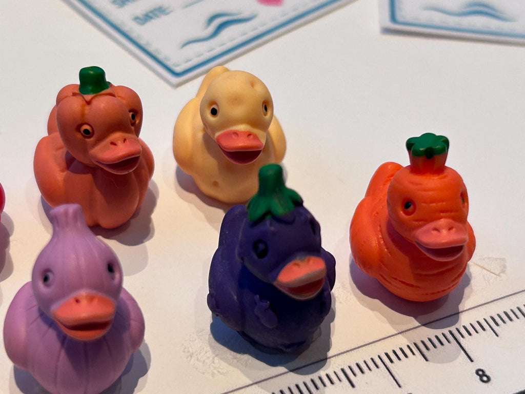 Set of 8, Vegetable Themed Mini Resin Ducks, Magnetic or Non-Magnetic, Optional Personalized Duck Hiding Tags