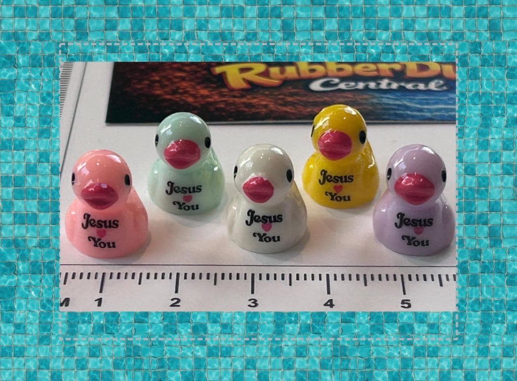 Set of 5, Religious “Jesus Loves You” Themed Mini Resin Ducks, Magnetic or Non-Magnetic, Optional Personalized Duck Hiding Tags