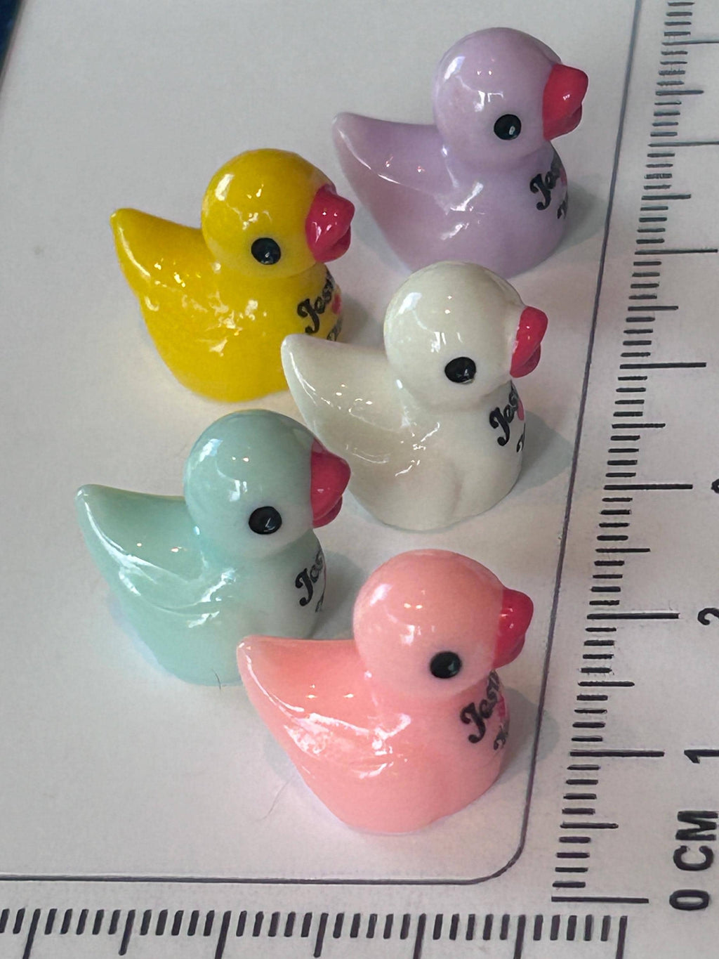 Set of 5, Religious “Jesus Loves You” Themed Mini Resin Ducks, Magnetic or Non-Magnetic, Optional Personalized Duck Hiding Tags