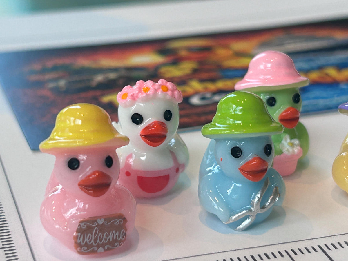 Set of 5, Spring Gardening Themed Mini Resin Ducks, Magnetic or Non-Magnetic, Optional Personalized Duck Hiding Tags