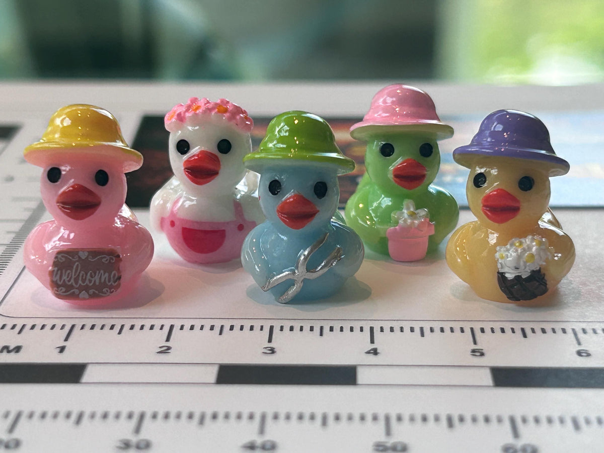 Set of 5, Spring Gardening Themed Mini Resin Ducks, Magnetic or Non-Magnetic, Optional Personalized Duck Hiding Tags