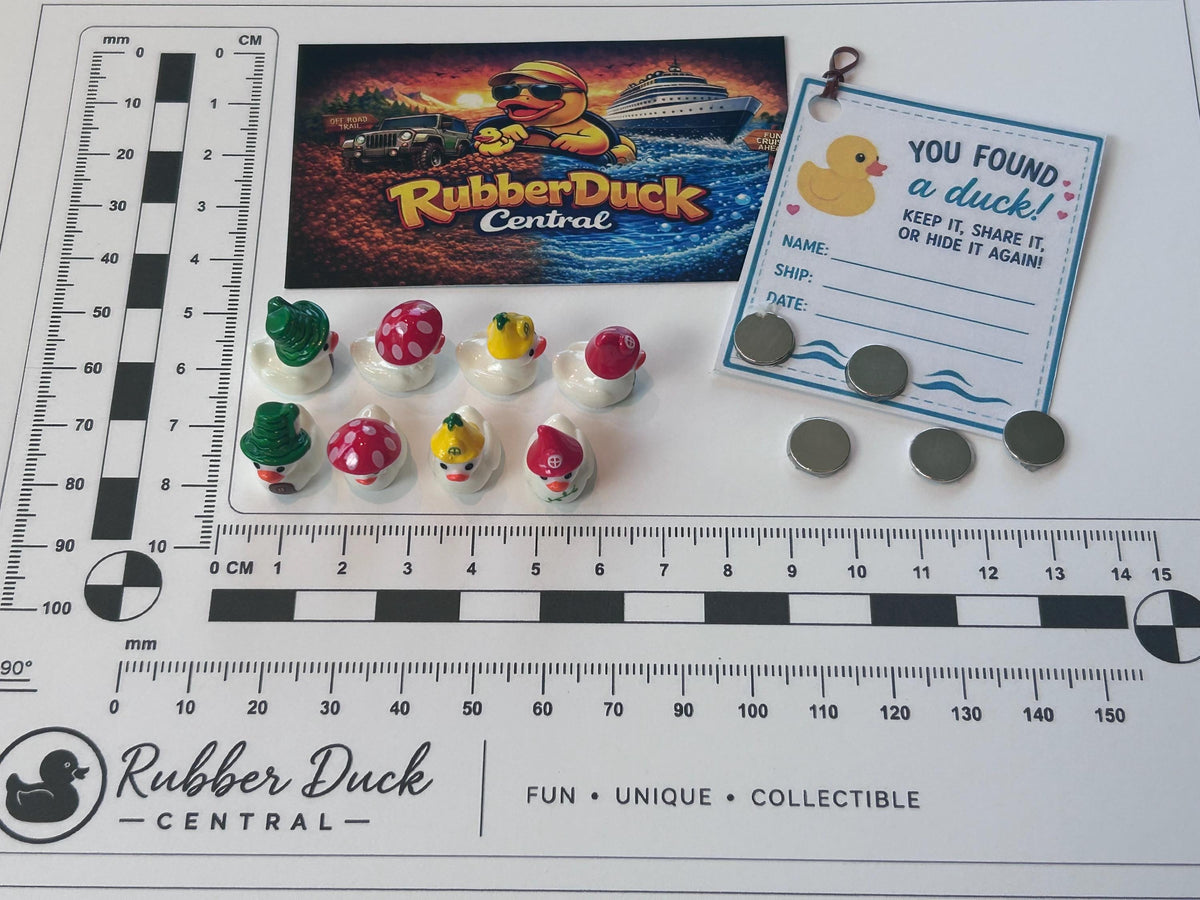 Set of 8, Forest Mushroom Themed Mini Resin Ducks, Magnetic or Non-Magnetic, Optional Personalized Duck Hiding Tags