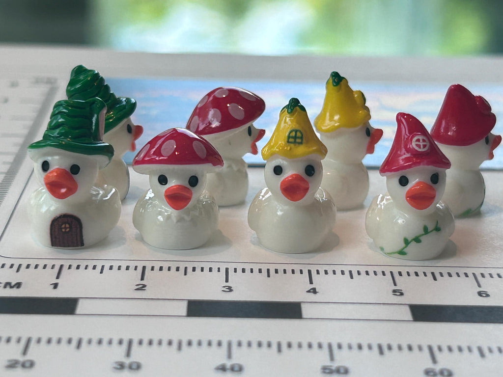 Set of 8, Forest Mushroom Themed Mini Resin Ducks, Magnetic or Non-Magnetic, Optional Personalized Duck Hiding Tags