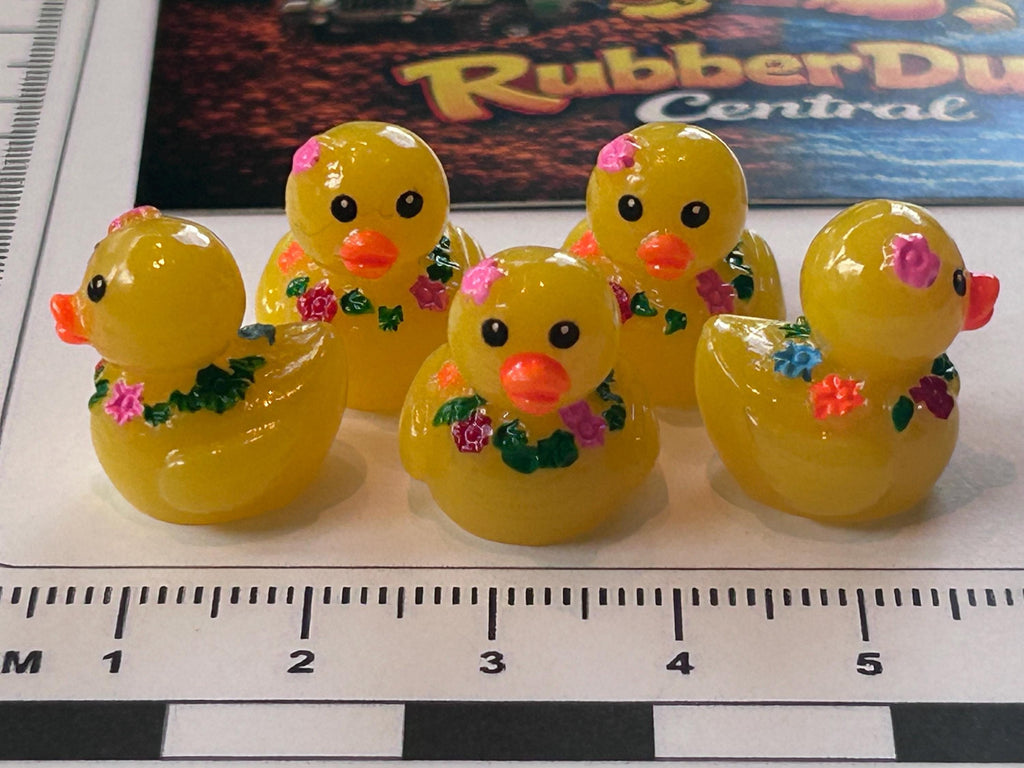 Set of 5, Hawaiian Lei Themed Mini Resin Ducks, Magnetic or Non-Magnetic, Optional Personalized Duck Hiding Tags
