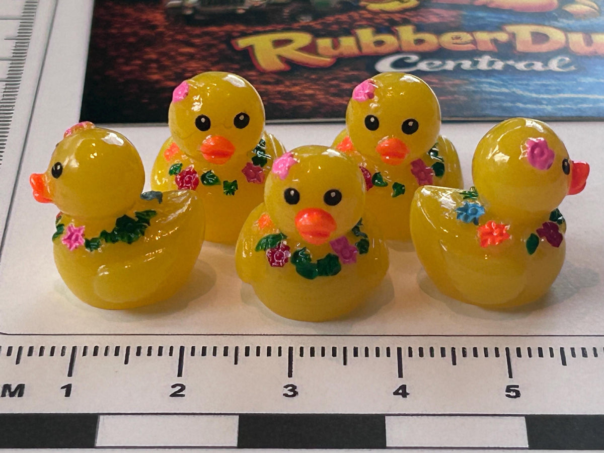 Set of 5, Hawaiian Lei Themed Mini Resin Ducks, Magnetic or Non-Magnetic, Optional Personalized Duck Hiding Tags