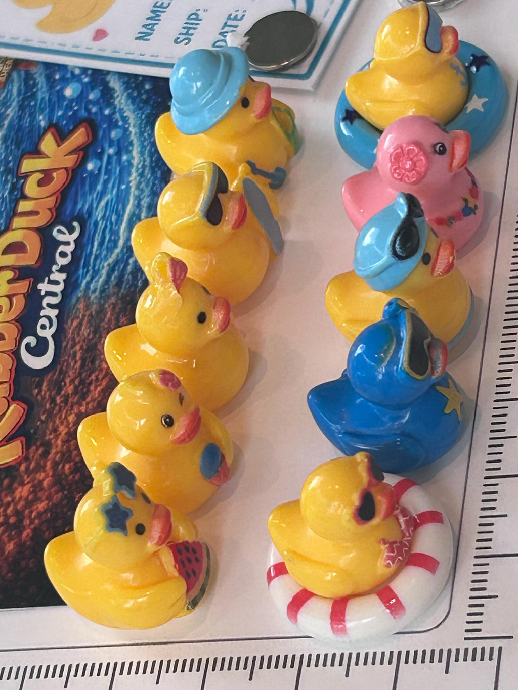 Set of 10, Beach Summer Vacation Themed Mini Resin Ducks, Magnetic or Non-Magnetic, Optional Personalized Duck Hiding Tags