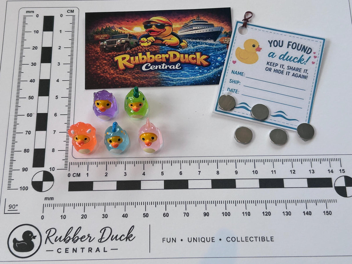 Set of 5, Glow-in-the-Dark Dinosaur Themed Mini Resin Ducks, Magnetic or Non-Magnetic, Optional Personalized Duck Hiding Tags