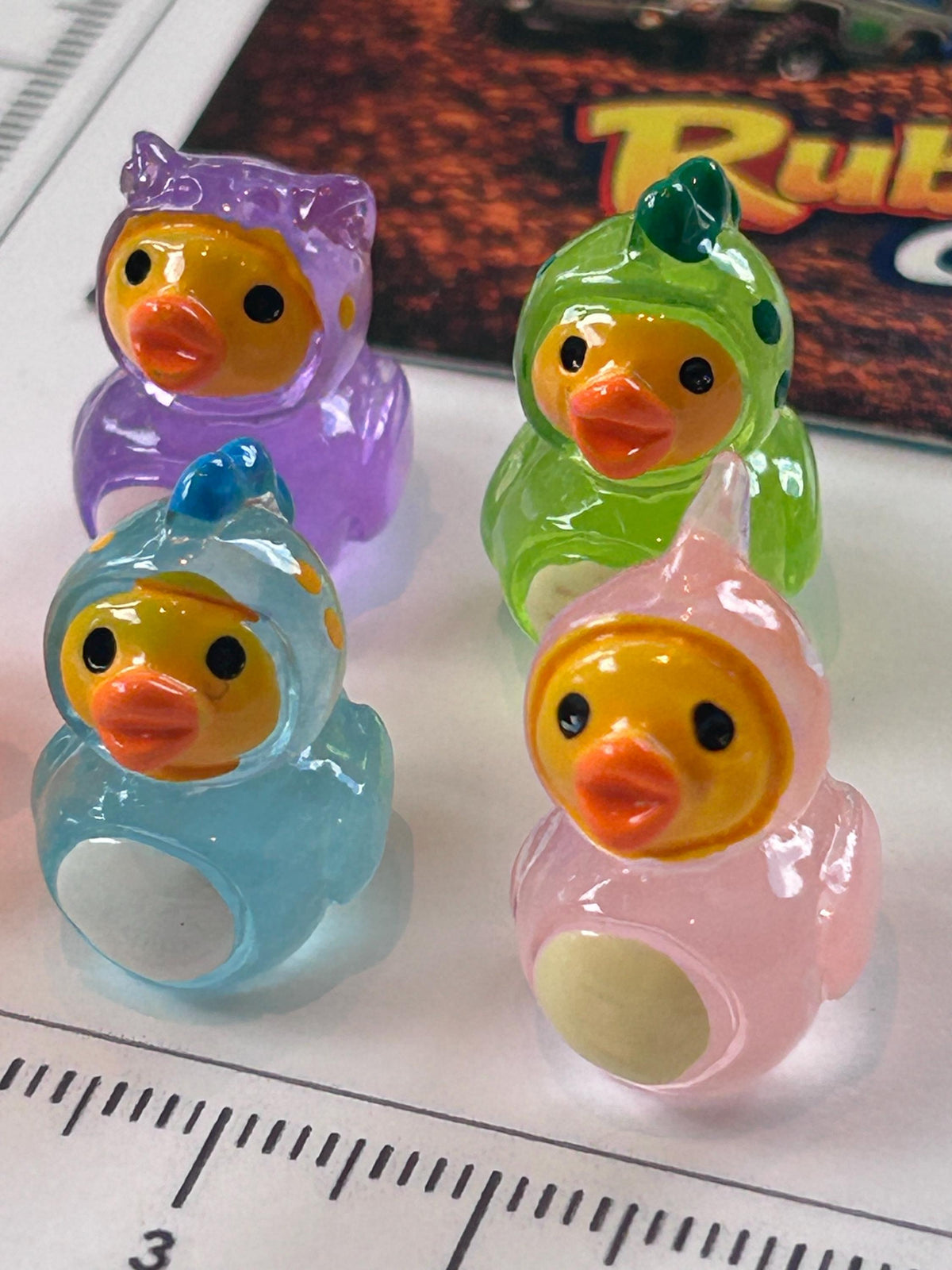 Set of 5, Glow-in-the-Dark Dinosaur Themed Mini Resin Ducks, Magnetic or Non-Magnetic, Optional Personalized Duck Hiding Tags
