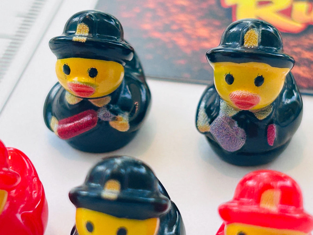 Set of 5, Fireman Themed Mini Resin Ducks, Magnetic or Non-Magnetic, Optional Personalized Duck Hiding Tags