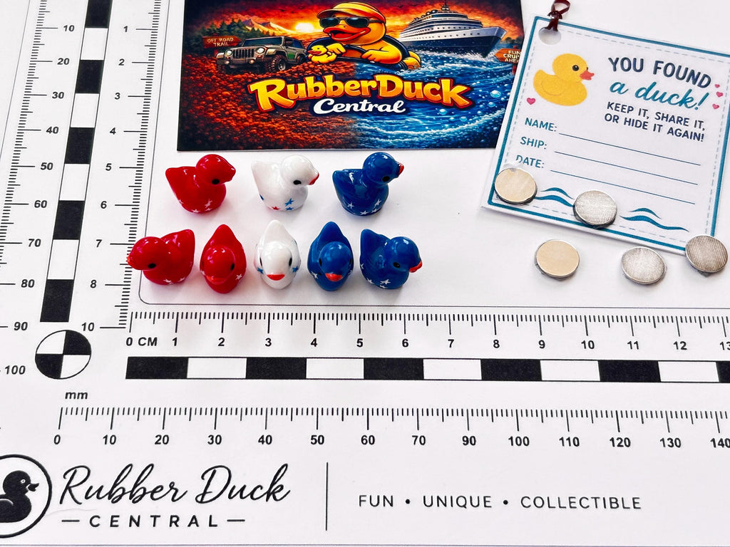Set of 8, Patriotic Stars Themed Mini Resin Ducks, Magnetic or Non-Magnetic, Optional Personalized Duck Hiding Tags