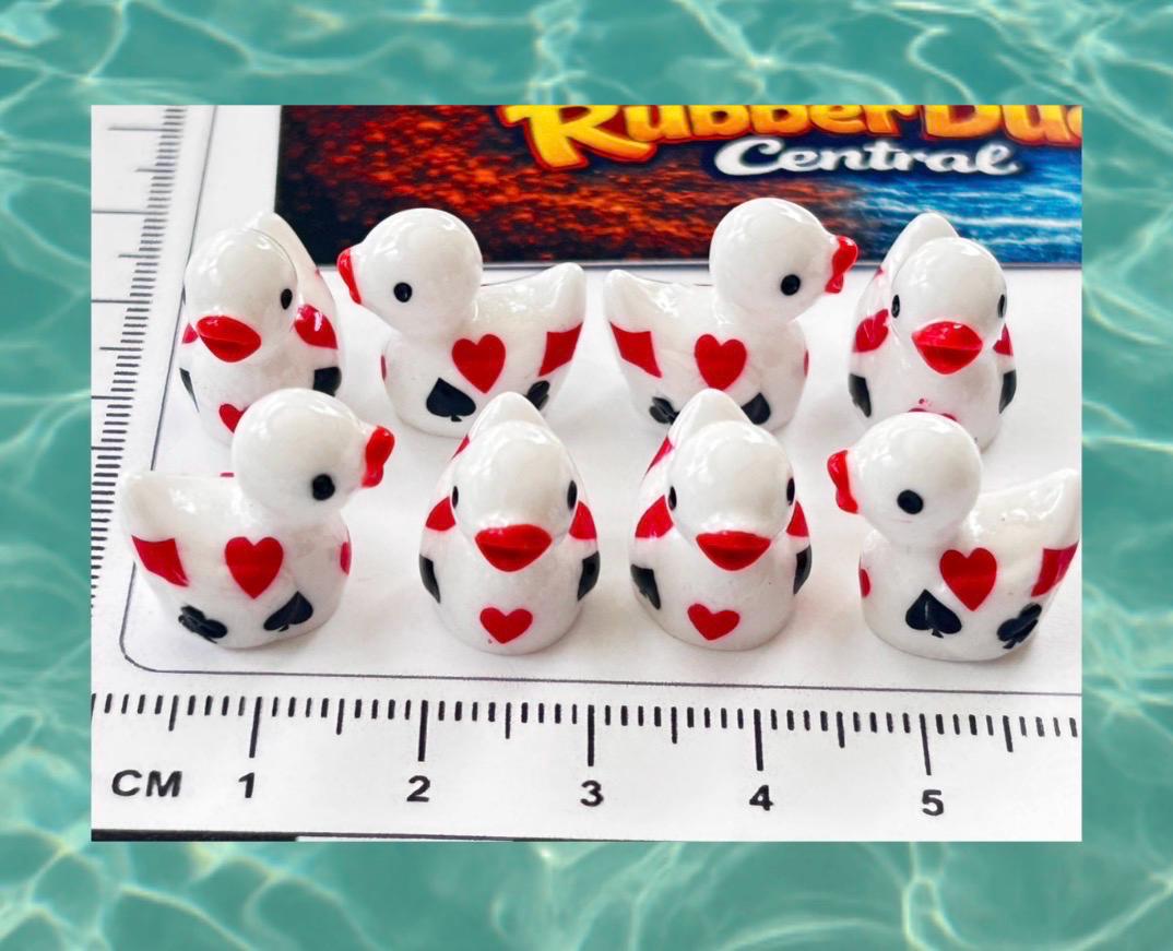 Set of 8, White Casino Poker Card Themed Mini Resin Ducks, Magnetic or Non-Magnetic, Optional Personalized Duck Hiding Tags