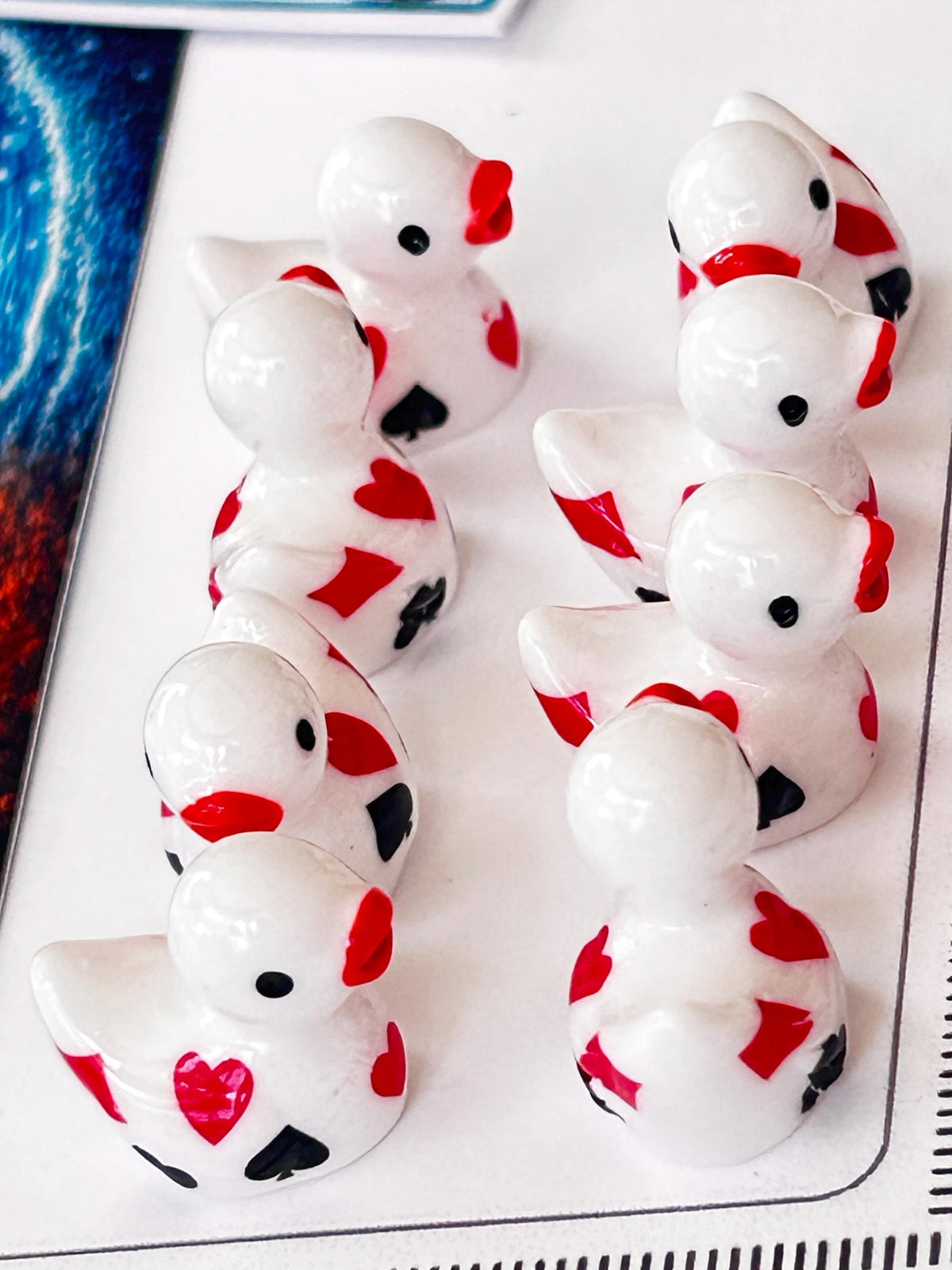 Set of 8, White Casino Poker Card Themed Mini Resin Ducks, Magnetic or Non-Magnetic, Optional Personalized Duck Hiding Tags