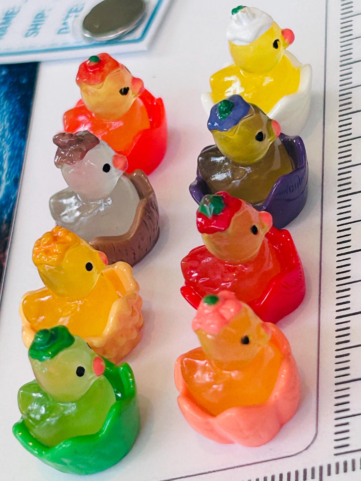 Set of 8, Fruit Themed Mini Resin Ducks, Magnetic or Non-Magnetic, Optional Personalized Duck Hiding Tags