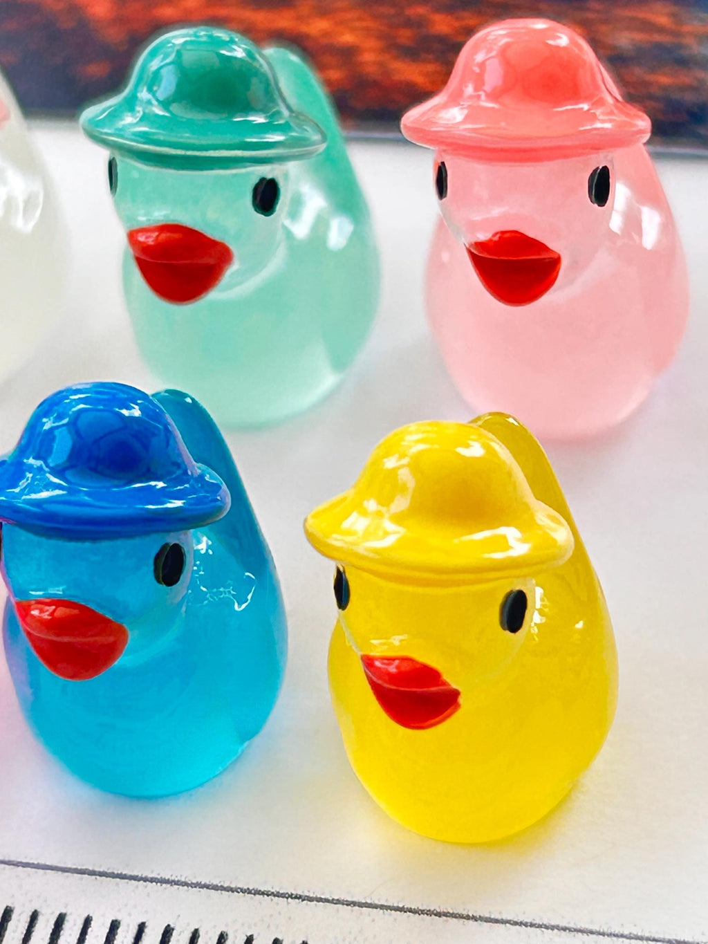 Set of 8, Glow-in-the-Dark Spring Hat Themed Mini Resin Ducks, Magnetic or Non-Magnetic, Optional Personalized Duck Hiding Tags