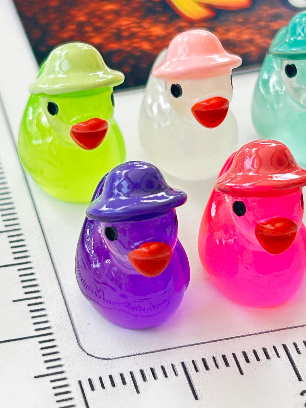 Set of 8, Glow-in-the-Dark Spring Hat Themed Mini Resin Ducks, Magnetic or Non-Magnetic, Optional Personalized Duck Hiding Tags