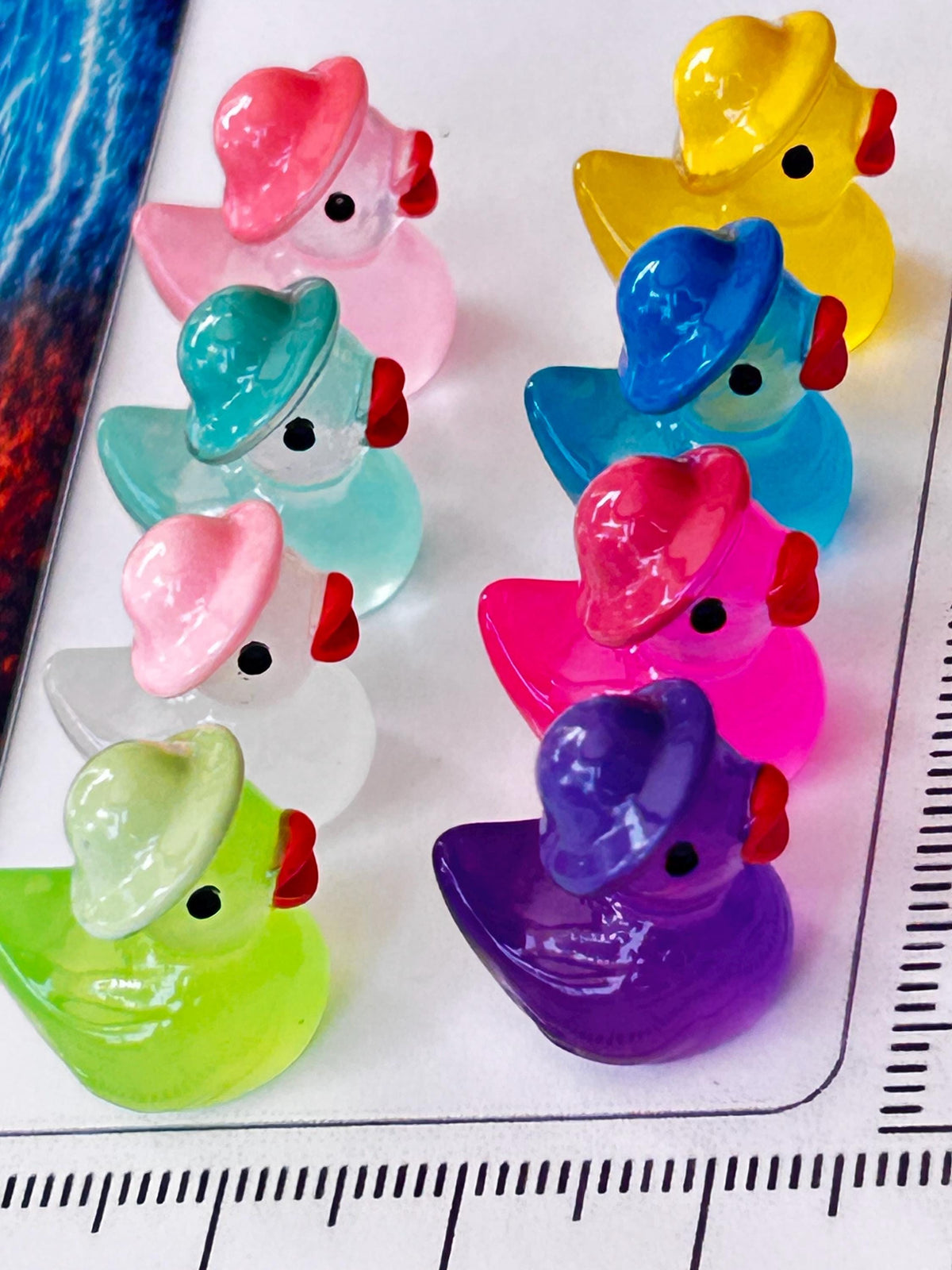 Set of 8, Glow-in-the-Dark Spring Hat Themed Mini Resin Ducks, Magnetic or Non-Magnetic, Optional Personalized Duck Hiding Tags